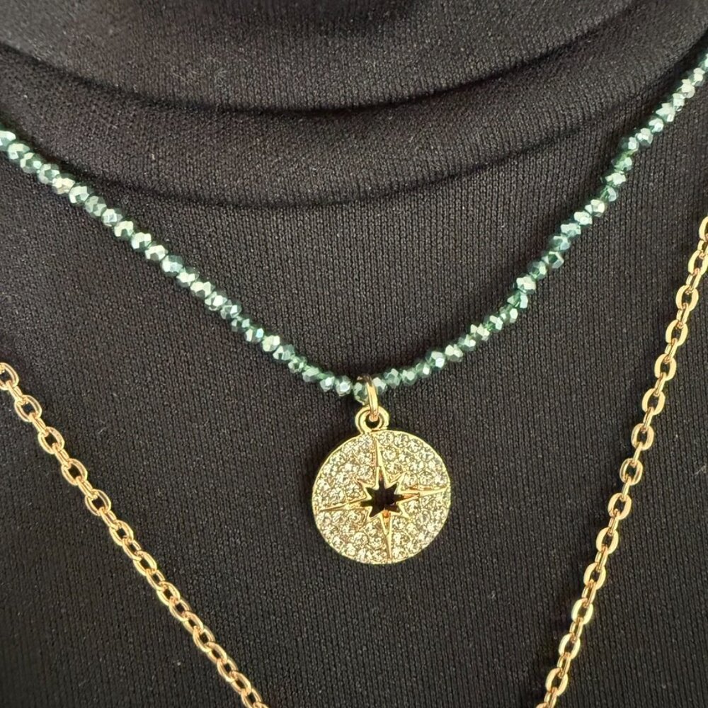 #13 garden party costume jewelry / gold metal&blue glass double chain necklace